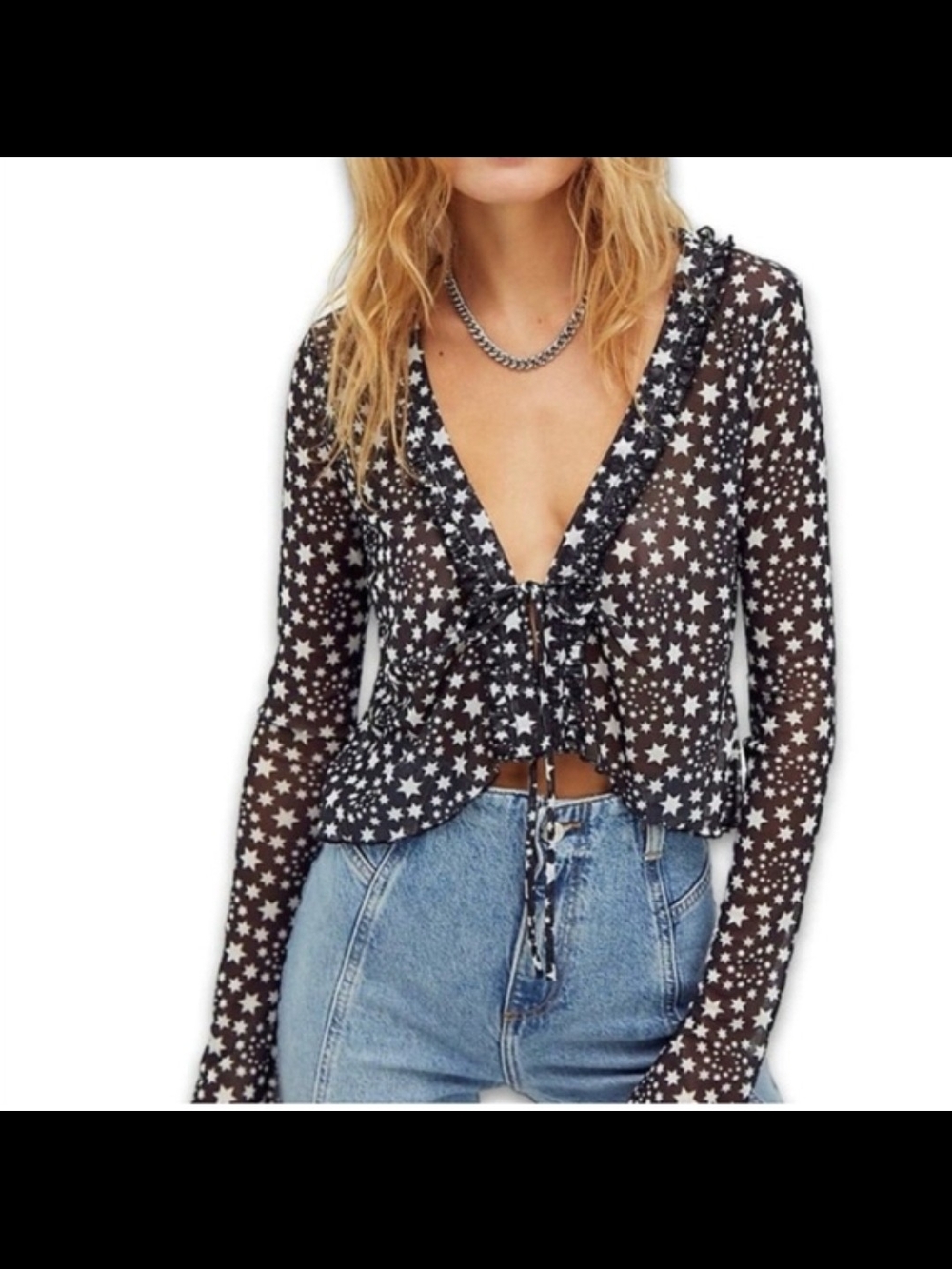 Free People Marne Black Mesh Top Sheer Star-Print Tie-Front Size Small